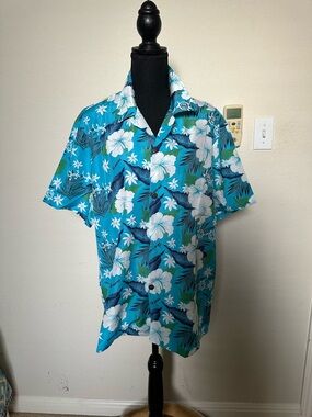 Men’s Vintage Hawaiian Shirt Hawaii Floral Bright Blue White, button down. Sz M